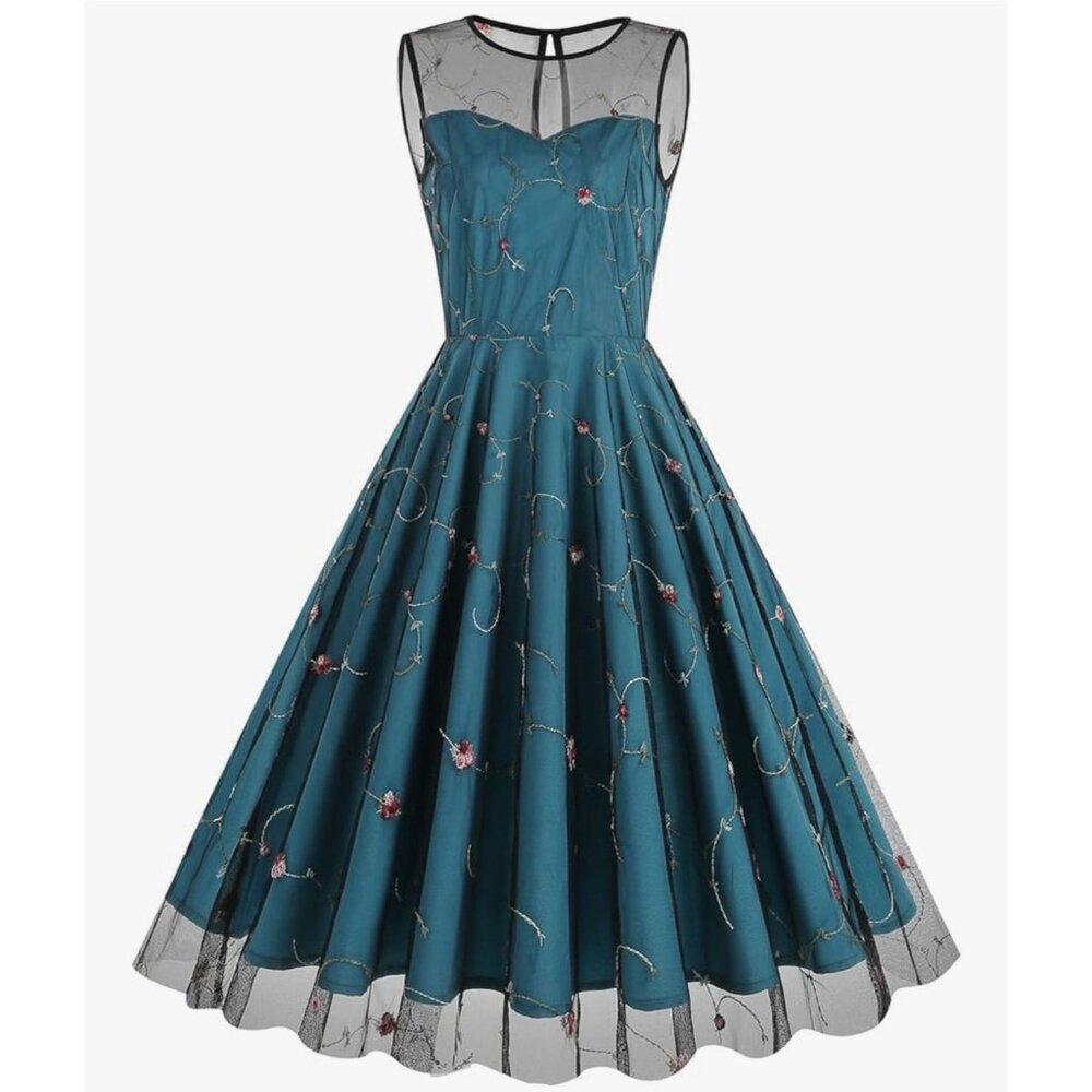 Sleeveless Floral Embroidered A-Line Mesh Dress 2XL Blue Black